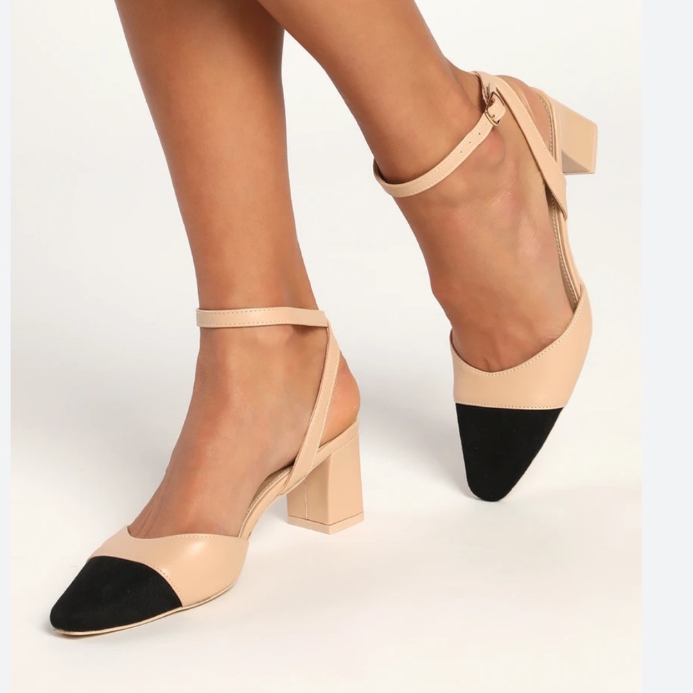 Lulus 9 Lelaya Black/Light Nude Ankle Strap Pointed Toe Pumps Workwear Classic